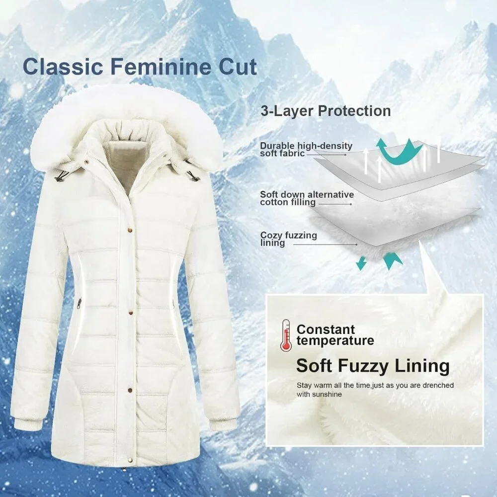 Women's Cream White Winter Warm Coat Velvet Quilted Faux Fur Hood Puffer Jacket